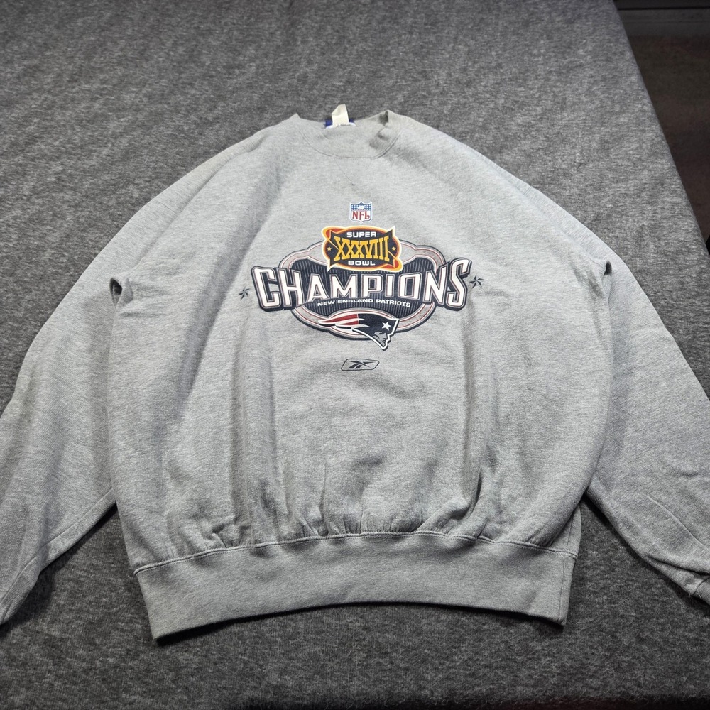 New England Patriots Sweatshirt Mens XL Gray NFL Reebok Super Bowl XXXVIII